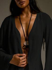 MUSERA 超深V领针织长袖迷你连衣裙，西部乡村街头风，适合节日、优雅的Y2K风格、性感可爱的90年代波西米亚风、中西部派对、夏季嘉年华 - 黑色 - 查看 7