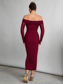 SHEIN Tall Autumn And Winter Off-Shoulder Ruffled Mesh Sexy Tight Date Black Sleeve Long Dress