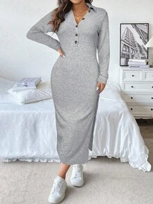 Vionelle 加大码女式纯色针织罗纹V领纽扣细节高开衩连衣裙长款女装 - 淺灰色 - 查看 3