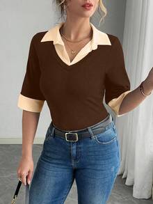 Elenzga 大码拼色休闲商务女式Polo衫短袖T恤 - 咖啡棕 - 查看 3