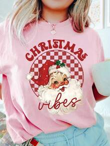 EMERY ROSE Red Santa Vibes T-Shirt, Women's Christmas Shirt, Cute And Fun Christmas Top, Retro Santa Claus T-Shirt, Suitable For Spring And Summer
