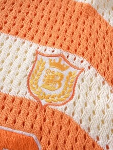 ROMWE MEN Prep 男士学院风条纹字母刺绣毛衣，适合情人节、秋冬季穿着，长袖上衣 - 橘色 - 查看 5