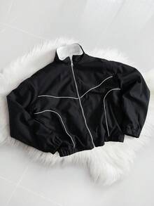 Claim Dot 男士撞色条纹拉链长袖户外防风夹克，秋季款 - 黑色 - 查看 1