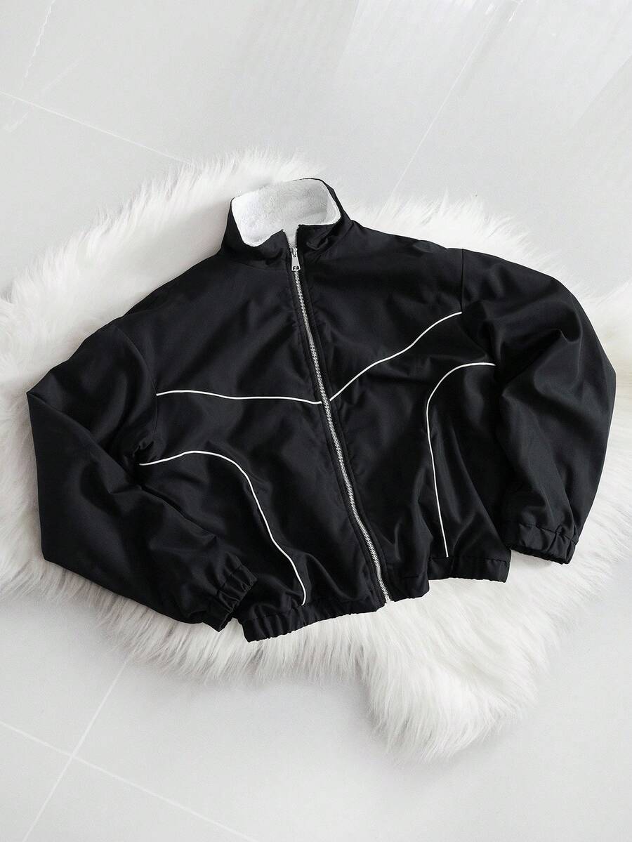 Claim Dot 男士撞色条纹拉链长袖户外防风夹克，秋季款 - 黑色 - 查看 1