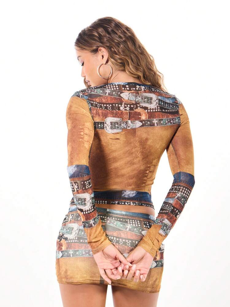 SUMWON WOMEN Belt Print Cropped Top And Mini Skirt Co-Ord