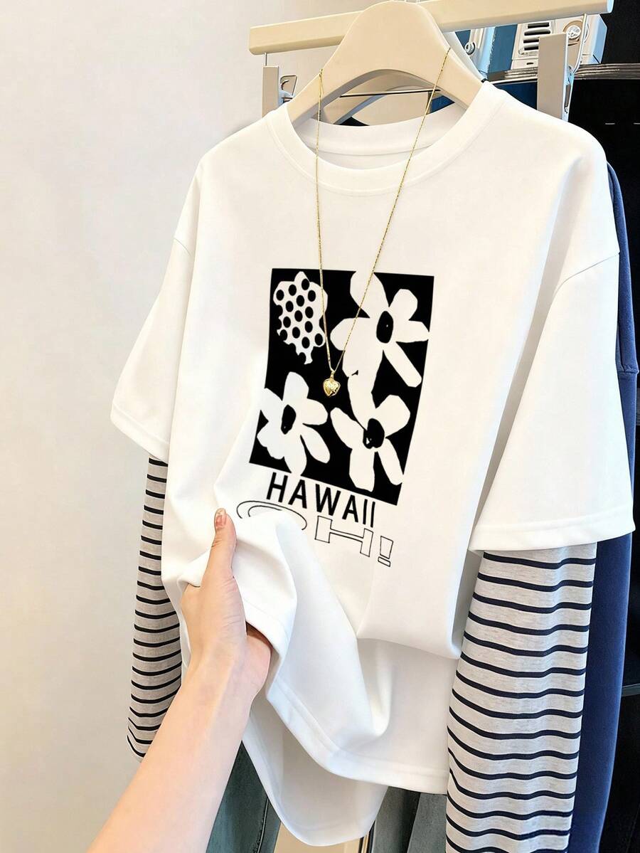 SHEIN 女式简约印花圆领长袖T恤 - 白色 - 查看 1