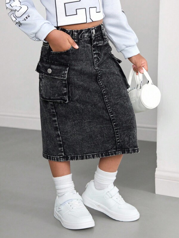 Young Girl' Black Denim Fitted Skirt