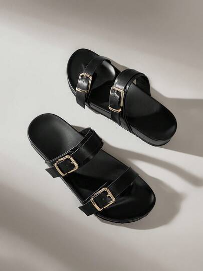 Solecia Casual Black Flat Sandals With Metal Square Buckle, Perfect For Vacation Spring Shoes Spring Break Easter