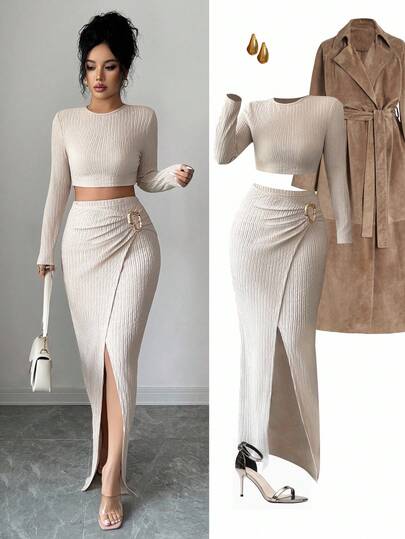 Gloray Women's Solid Color Round Neck Drop Shoulder Long Sleeve Cropped Textured Fabric Casual Elegant 2 Pieces Set