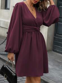 Vionelle Plus Size Women's Crossover V-Neck Twist Waist A-Line Puff Sleeve Lantern Sleeve Dress, Angora Red, Elegant, Sophisticated, Romantic French Retro Street Casual Minimalist Versatile, Suitable For Halloween, Christmas, Thanksgiving, Afternoon Tea Party, Autumn/Winter Plum Dress Long Sleeve Elegant Dress Wine Dress Puffy Sleeve Dress