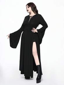 ROMWE Robe longue à capuche de style gothique grande taille avec lien au cou, manches évasées, décoration d'anneau métallique, fentes latérales, robe à capuche longue et sexy, robe gothique grande taille pour l'automne/hiver, robe à capuche tricotée gothique sexy et punk - Noir - Voir 5