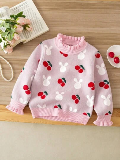 SHEIN Girls Cherry Pattern Jacquard Knit Long Sleeve Sweater, Cute & Fashionable, Autumn/Winter Pink Sweater Ruffle Neck Sweater Kids Sweaters For Young Girls Sweaters Cherry Clothes Kids Kids Sweaters For Girls Girls Sweaters Jumper For Girls Girl Clothes Autumn And Winter Clothes Small Girls Long Sleeves Clothes Cute Sweaters For Kids