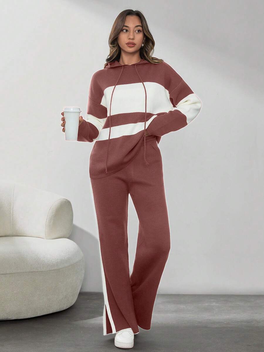 SHEIN Tall Two Tone Drop Shoulder Drawstring Hooded Sweater & Split Hem Knit Pants - Dusty Pink - View 1