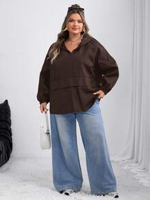 SHEIN CURVE+ 大码女式纯色落肩长袖拉链半开襟连帽休闲夹克，秋冬秋季/秋冬 - 棕色 - 查看 6