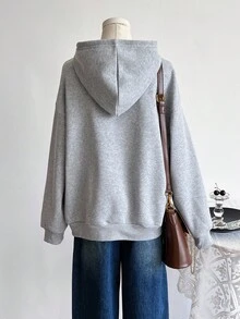 Teen Girls Casual Loose Fit Blue & White Floral & Letter Print Sweatshirt Fall Winter - Grey - View 2