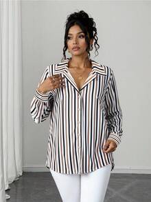 Elenzga Plus Size Women's Brown Striped Shirt - Multicolor - View 1