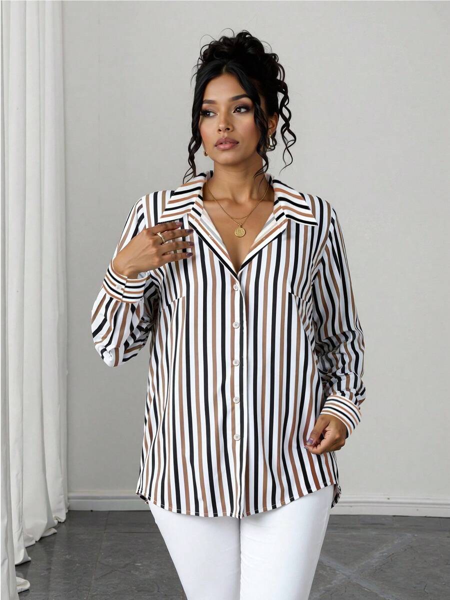 Elenzga Plus Size Women's Brown Striped Shirt - Multicolor - View 1