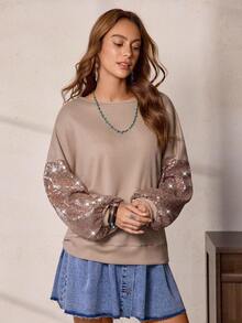 Women's Western Casual Khaki Round Neck Sequin Patchwork Drop Shoulder Puff Sleeve Sweatshirt, LanaWest - Khaki - View 7