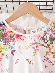 SHEIN Tween Girl Faux Collar Floral Print Cap Sleeve Dress, Without Belt - Pink - View 5