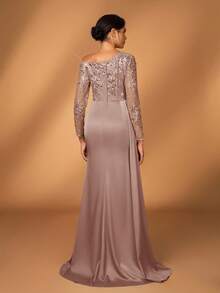 Serin Đầm dạ hội dài tay dáng đuôi cá sang trọng, thanh lịch với ren thêu và đính sequin, chất liệu satin co giãn, xẻ tà bên, thích hợp cho đám cưới, tiệc tùng, kỳ nghỉ, dạ hội, sự kiện buổi tối, đầm dành cho mẹ cô dâu, ngày Valentine. - Bụi hồng - Xem 3