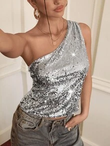 Aloruh 1pc Y2K Silver Sequin Crop Top, Suitable For Music Festivals And Concerts,Y2K Sequin Top,Elegant Party Christmas Top,Irregular One-Shoulder Top,New Year Women's ,Casual For Women,Sparkly Top,Solid Color Vest - Silver - View 6