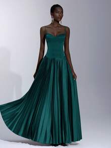 Elitara 优雅的酒红色缎面吊带裙，低腰褶皱 A 字裙，适合约会、度假、生日、派对、舞会、毕业典礼、婚礼、正式晚会 - 墨綠色 - 查看 4