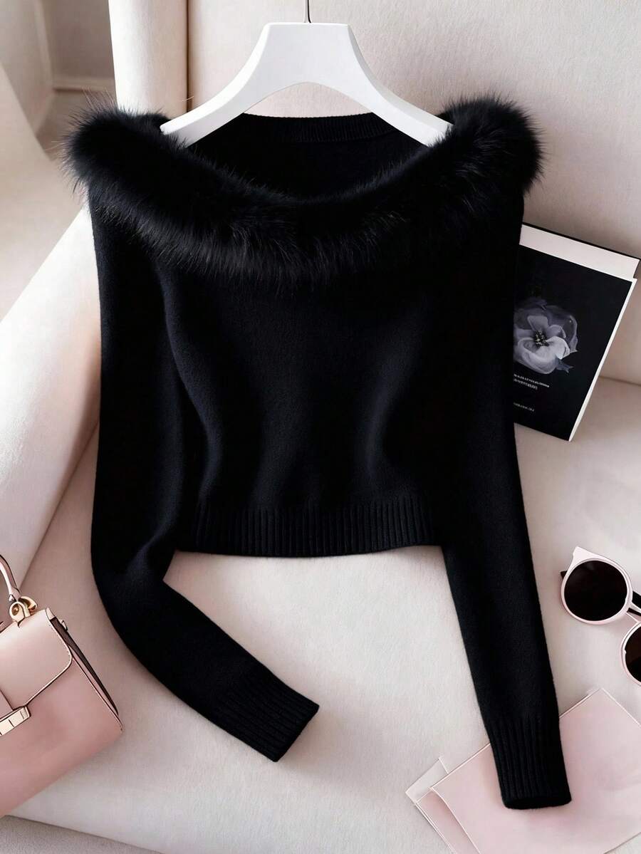 Franclia Áo len cổ lông chắp vá thời trang tay dài màu trơn dành cho nữ, mùa thu/đông - màu đen - Xem 1