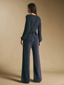 Poéselle 女式 V 领长袖不对称下摆休闲上衣和裤子两件套 - 藏蓝色 - 查看 6