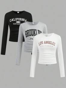 SHEIN Girlism 3件套少女休闲校服字母印花褶皱侧边圆领长袖短款针织T恤上衣，返校季必备 - 淺灰色 - 查看 1