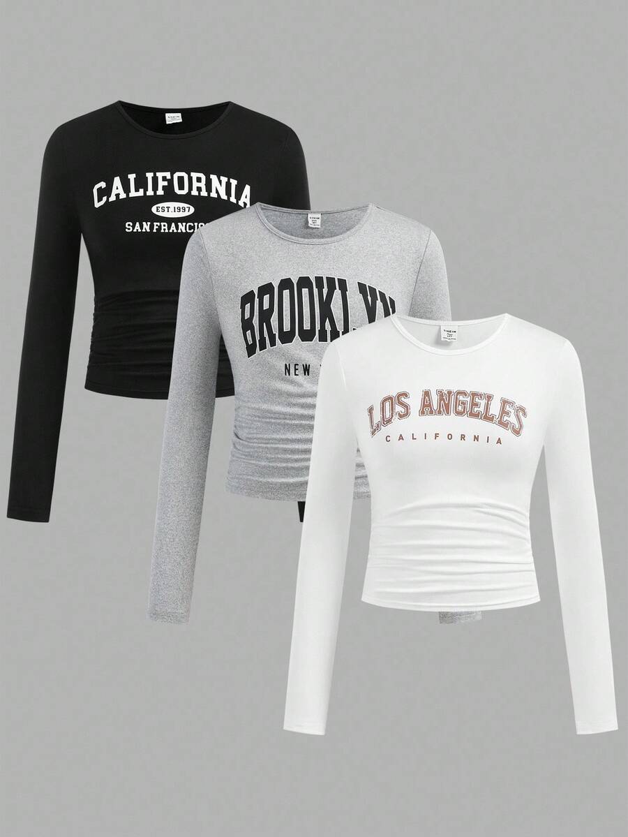 SHEIN Girlism 3件套少女休闲校服字母印花褶皱侧边圆领长袖短款针织T恤上衣，返校季必备 - 淺灰色 - 查看 1