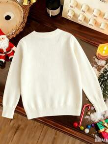 SHEIN Beiger Langarm-Pullover für Mädchen, süßer Herbst-Weihnachts-Pullover mit Weihnachtsmann-Grafikdruck und Schleifen, lockerer Schnitt, Familien-Matching-Pullover für beste Freundinnen - Weiss - Übersicht 2
