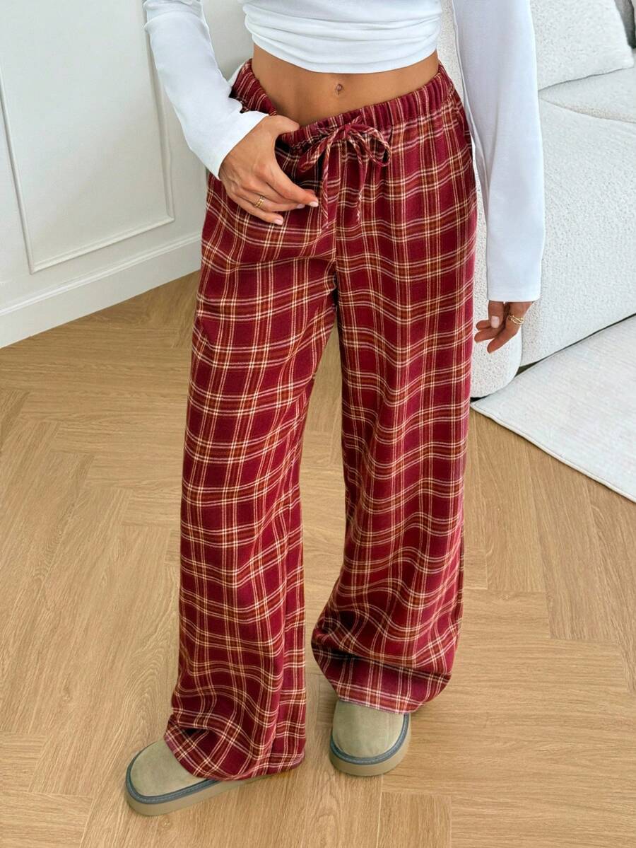 SHEIN Tall 女式系带格子直筒宽松休闲裤 - 紅色 - 查看 1