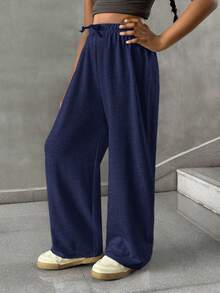 SHEIN Tween Girl Summer Simple Front Tie Loose Sweatpants, Casual Daily Wear - Navy Blue - View 3