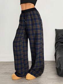 SHEIN Tall Lässige mehrfarbige karierte Hose mit weitem Bein für Damen, lange Hose aus gewebtem Stoff mit Taschendetails und verstellbarem Kordelzug, karierte Hose, lockere Hose für Damen, Pyjamahose, Loungehose, Hose mit weitem Bein für Damen