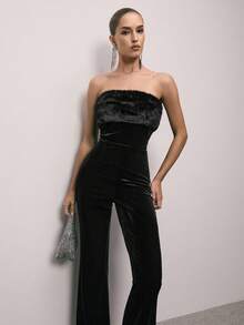 ATUI Studio Elegant Black Summer Night Out Off Shoulder Fuzzy Jumpsuit,Tight-Fitting Long Sleeve Sweater,Thermal Lined Thick Autumn/Winter Jumpsuit For Parties - Black - View 3