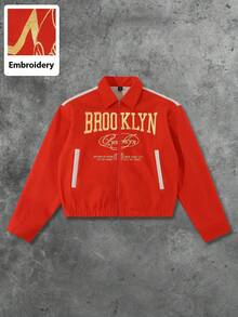 ROMWE MEN Street Life Men Casual Fashionable Street American English Graphic Print Zip-Up Jacket, Fall - Red - View 4