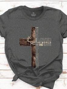 EMERY ROSE Áo thun chữ thập cổ điển Faith cỡ lớn dành cho nữ, VÌ CHÚA YÊU THƯƠNG THẾ GIỚI...Áo thun cổ tròn tay ngắn in họa tiết - Xám - Xem 3