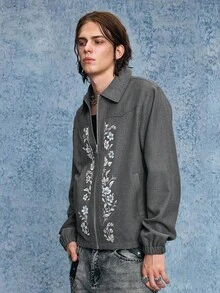 ROMWE MEN Men Floral Embroidered Zip-Up Casual Long Sleeve Collared Jacket, Fall - Black - View 7