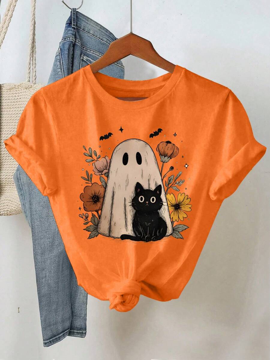 SHEIN LUNE Kaos Wanita Lengan Pendek Longgar Berkerah Bulat dengan Motif Halloween - Jeruk - View 1