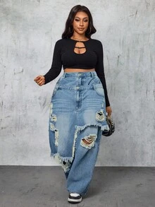 Slaydiva Plus Size Double Waistband Distressed Frayed Hem Streetwear Jeans - Blue - View 5