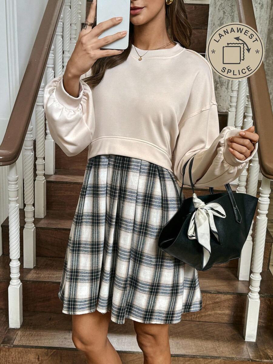 LanaWest Western Style A-Line Pleated Plaid Patchwork Round Neck Long Sleeve Women Short Dress