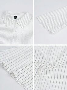 Almamuse Petite 优雅灰色条纹翻领衬衫，修身款，休闲美式女式衬衫 - 白色 - 查看 7