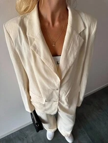 SHEIN EZwear Traje de chaqueta y pantalones de unicolor casual y de oficina para mujer, ropa de otoño e invierno - Albaricoque - Ver 5