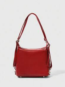 SHEIN BAE 2024 Spring New Ankola Red Versatile Casual Large-Capacity Minimalist Retro Belt Unique Design Texture Shoulder Diagonal Crossbody Tote Bag, Suitable For Office, School, And Travel - Red - View 3