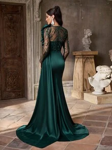 Aureia Thanh lịch, Sang trọng, Trang nghiêm, Sang trọng, Xanh ngọc lục bảo, Vải sequin, Vải satin chắp vá, Tay dài, Viền đuôi cá, Đuôi tàu, Thích hợp cho kỳ nghỉ, Đám cưới, Tiệc độc thân, Vũ hội trang trọng, Váy dạ hội - Màu xanh lá cây đậm - Xem 4