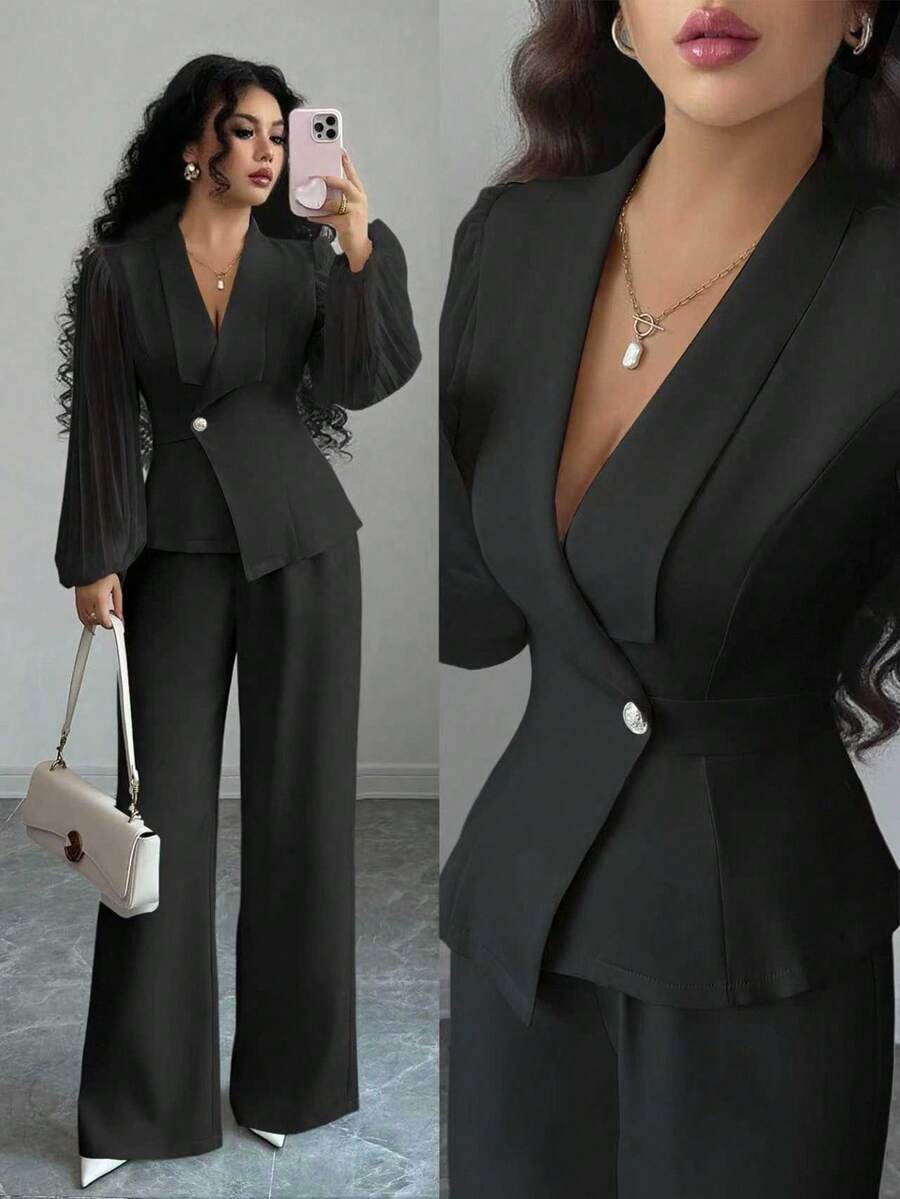 Elenzga 女士优雅百搭办公室通勤两件套，灯笼袖设计高端西装外套和裤子，杏色，秋冬 - 黑色 - 查看 1