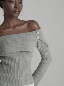Glamine 1 Áo len dệt kim ôm sát hở vai cho nữ, mỏng manh cho đầu thu - Màu Xám nhạt - Xem 7