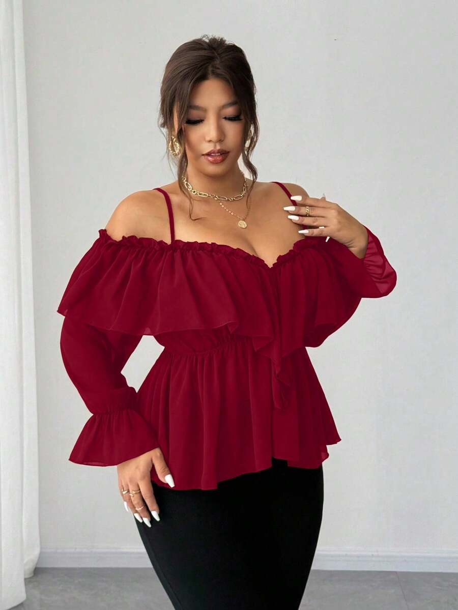 Elenzga Plus Size Women's Red Off-Shoulder Ruffle Long Sleeve Chiffon Blouse - Burgundy - View 1