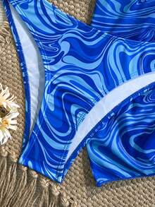 Swim Vcay Summer Beach 3packs Allover Print Triangle Bikini & Beach Skirt - Blue - View 5