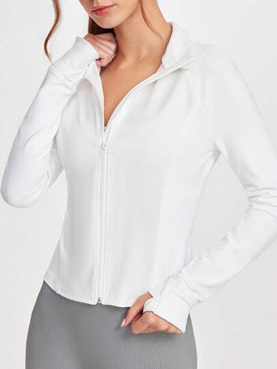 SHEIN Sports Casual Solid Color Stand Collar Zip-Up Long Sleeve Sports Jacket White Workout Jacket Yoga Jacket Zip Up Workout Jacket Gym Jacket Cropped Workout Jacket